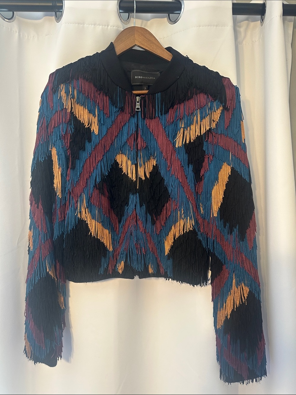 BCBGMaxAzria Black Cropped Fringe Bomber Jacket with Blue and Mustard Accents